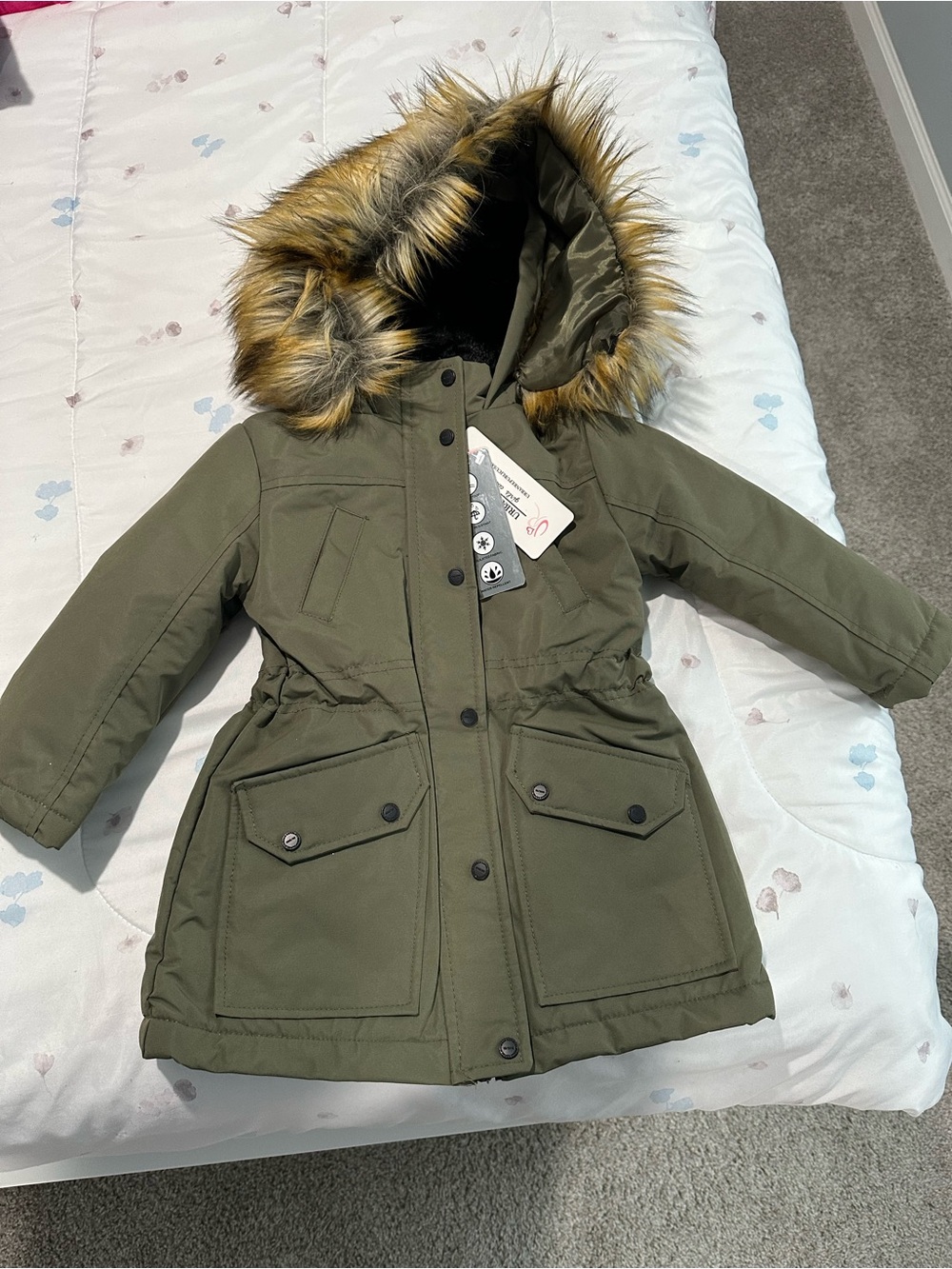 Urban Republic Olive Green Kids Faux Fur Trim Hooded Peacoat